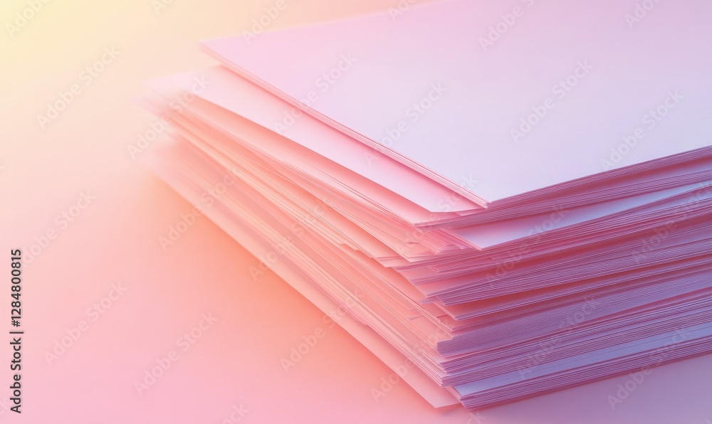 Poster delicate stack of pastel pink gradient papers arranged neatly, softly illuminated by warm light to c