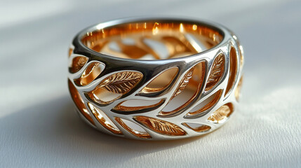 A symbolic silver and gold ring with intertwined vines and leaves, representing growth, connection, and unity. Elegant design on a white background, showcasing modern craftsmanship