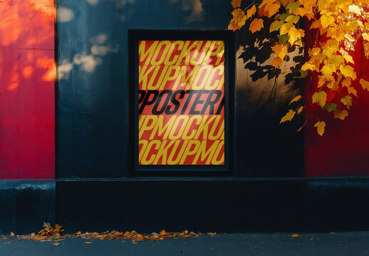 Autumn Outdoor Poster Mockup &mdash; Realistic Wall Display with Yellow Leaves for Seasonal Advertising