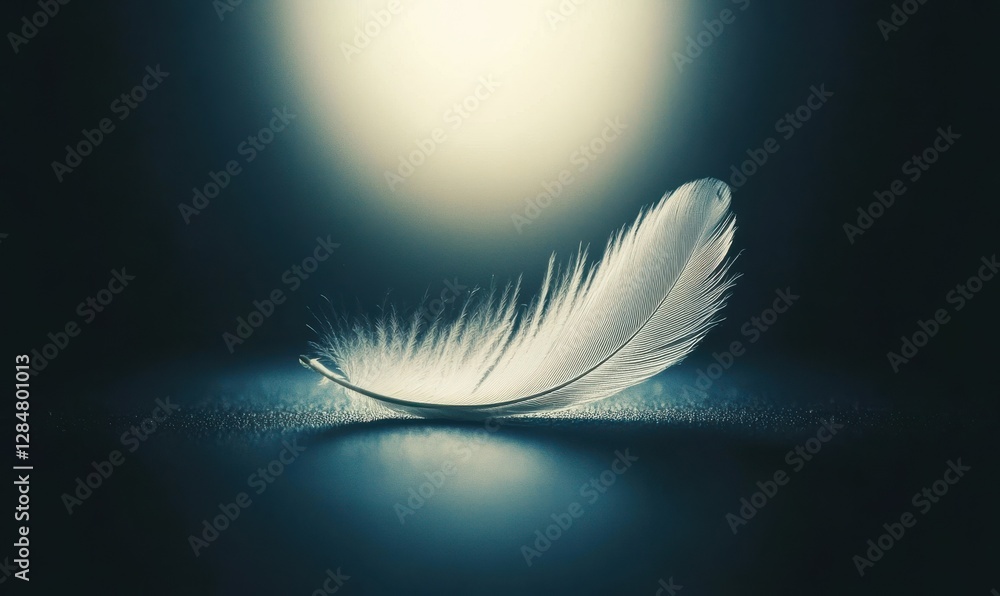 Poster delicate white feather resting on a dark surface illuminated by soft light, creating a serene and el