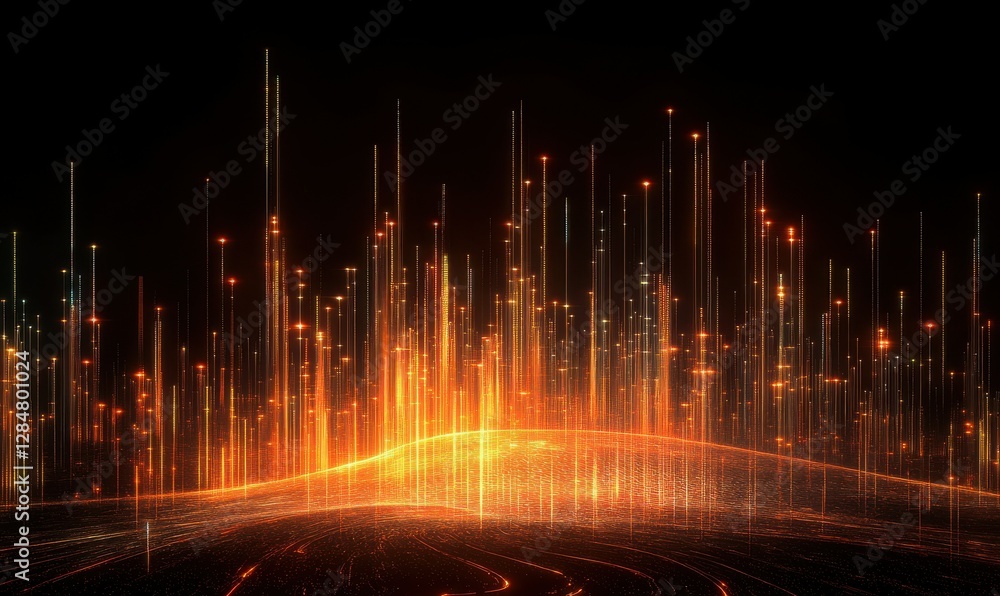 Poster digital abstract landscape of glowing lights and lines creating a futuristic cityscape, symbolizing 