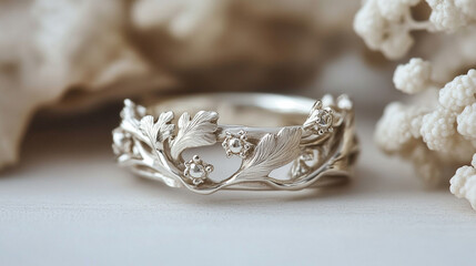 A symbolic silver and gold ring with intertwined vines and leaves, representing growth, connection, and unity. Elegant design on a white background, showcasing modern craftsmanship