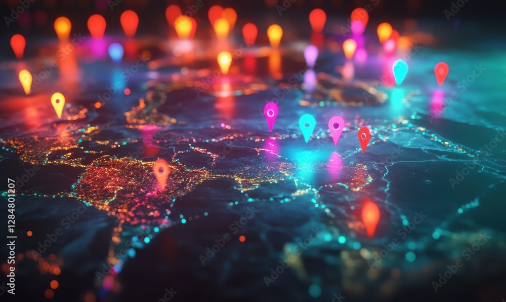 Poster digital glowing map with multiple colorful location pins, symbolizing navigation and worldwide conne