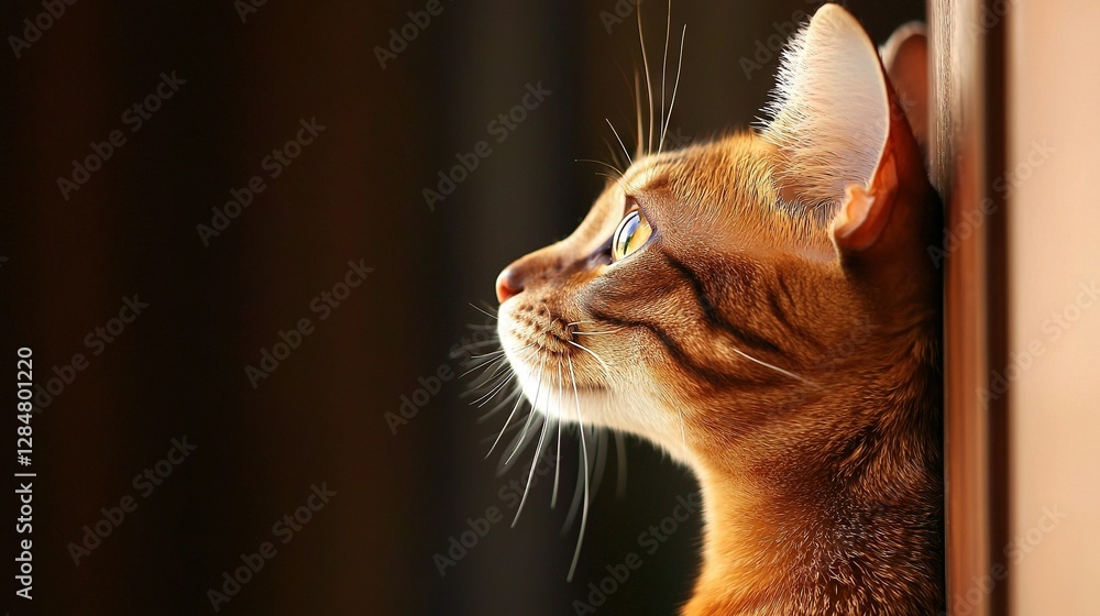 Poster a close-up of a cat looking out of a window with curtains in the background