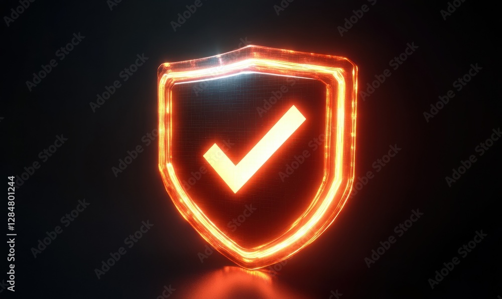 Poster digital glowing shield with a check mark icon, symbolizing security and protection in a digital spac