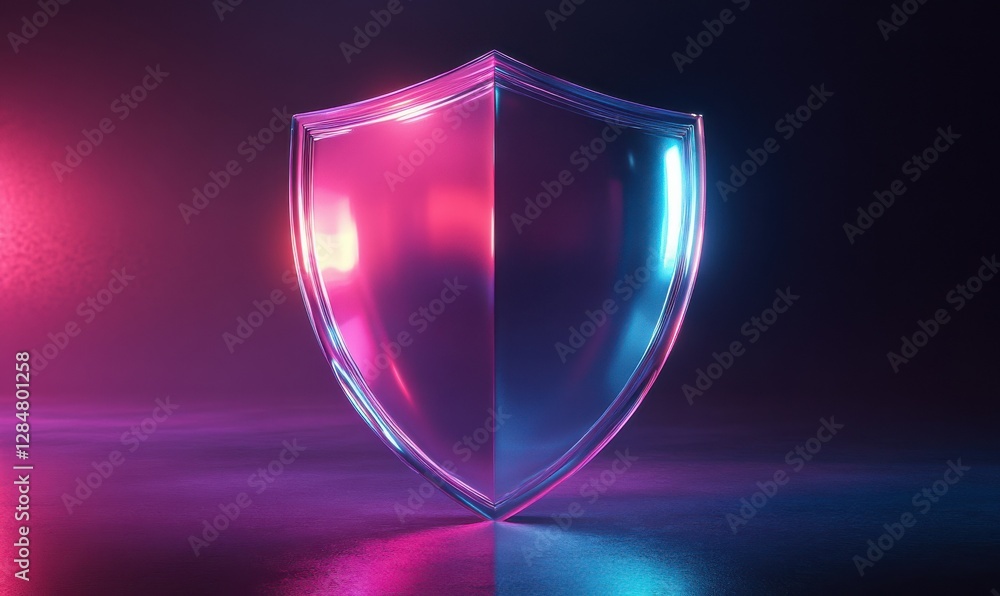 Poster digital shield glowing in soft gradient hues, symbolizing protection in modern digital spaces.