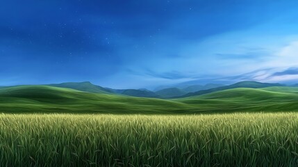 Fototapeta premium Serene landscape showcasing lush green fields under a twilight sky with distant mountains