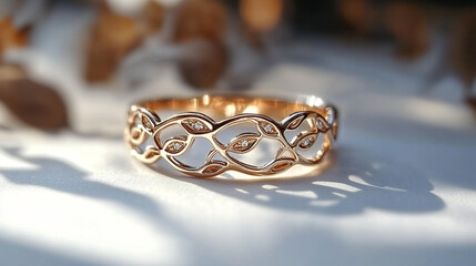 A symbolic silver and gold ring with intertwined vines and leaves, representing growth, connection, and unity. Elegant design on a white background, showcasing modern craftsmanship