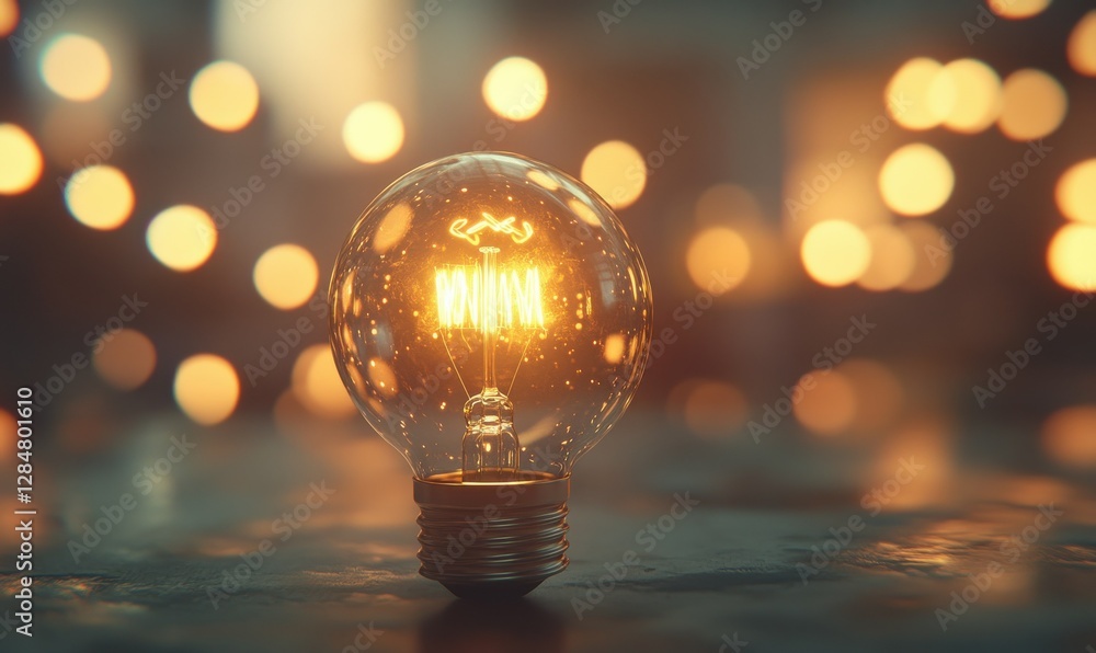 Poster close-up of a glowing light bulb in a minimalist modern setting, surrounded by soft bokeh lights in 