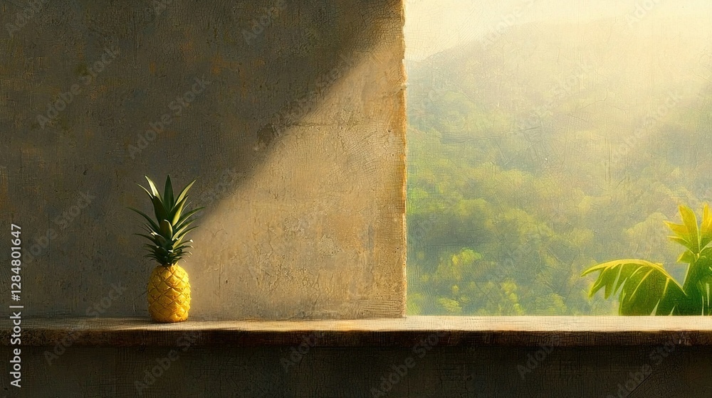 Poster a picture of a pineapple perched on an edge in front of a window that overlooks a mountain range