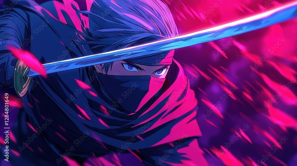 Poster a person wields a sword against a backdrop of purples and pinks, with water splashes added for visua