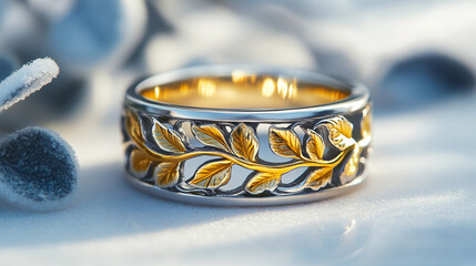 A symbolic silver and gold ring with intertwined vines and leaves, representing growth, connection, and unity. Elegant design on a white background, showcasing modern craftsmanship