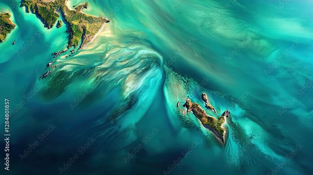 Poster a bird's-eye perspective captures a vast expanse of water with a substantial wave at its center and 