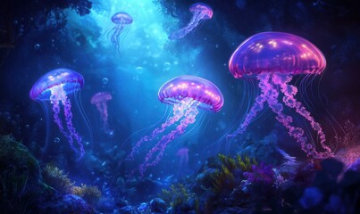 Obraz premium Glowing jellyfish floating gracefully underwater, vibrant translucent tentacles softly lit against a deep blue aquatic backdrop