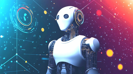 Innovation in Robotics: A futuristic robotic figure stands prominently against a vibrant digital backdrop, hinting at technological advancements, automation.