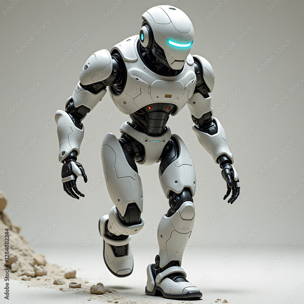 Poster advanced white robot exploring rocky terrain with led lights