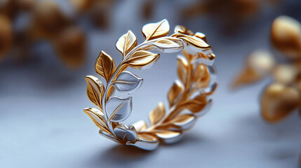 A symbolic silver and gold ring with intertwined vines and leaves, representing growth, connection, and unity. Elegant design on a white background, showcasing modern craftsmanship