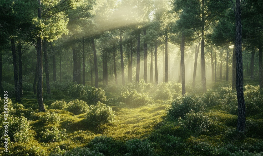 Poster dense green pine forest covered in soft mist, illuminated by gentle sunlight creating a serene and n
