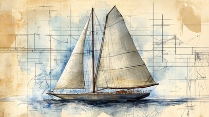 Vintage Sailboat Watercolor Painting with Geometric Design Elements