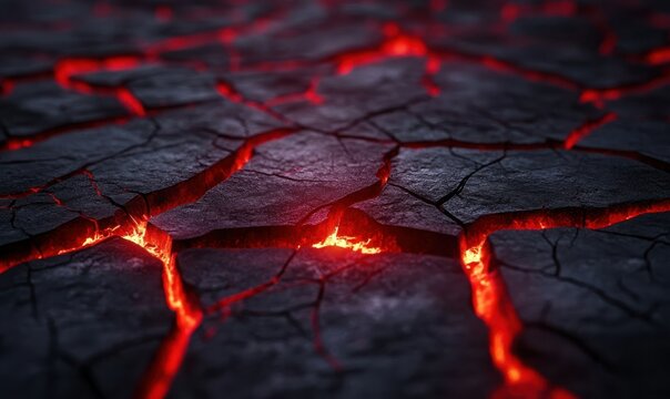 Dramatic cracked volcanic ground with glowing red lava visible through the fractures, radiating intensity and heat