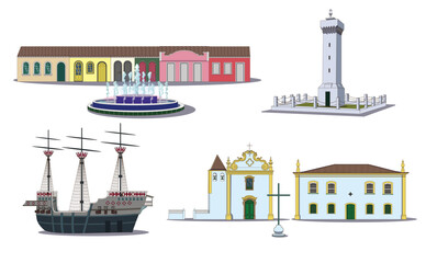 Fototapeta premium Vector set of famous places of Porto Seguro, Bahia state, Brazil. Such as church, museum, lighthouse and boardwalk