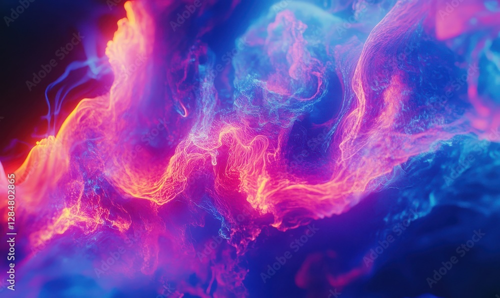 Poster dynamic waves of bright neon-colored light motion captured mid-flow, futuristic gradients creating a