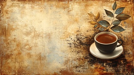 Warm Autumn Coffee Cup on Grunge Background: Cozy Vintage Texture