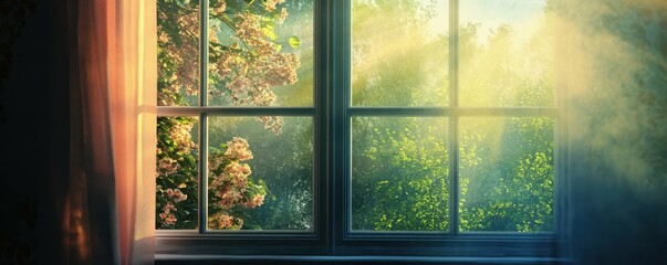 Sunlit window with blossoming trees and soft curtains illuminating a cozy room