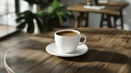 Fototapeta premium Warm morning sunlight illuminates a white coffee cup resting on a rustic wooden table in a cafe setting