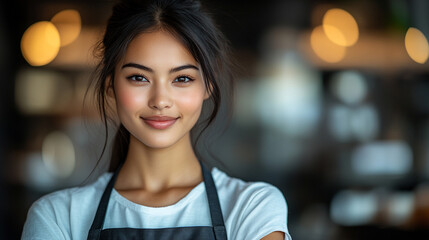 A young female waitress in a sleek uniform stands confidently, embodying professionalism and elegance. The blurred background emphasizes her graceful presence in a modern, sophisticated setting