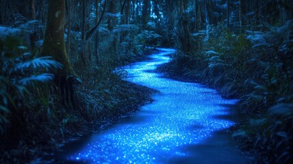 Enchanted Forest Stream: Night Scene with Bioluminescent Water