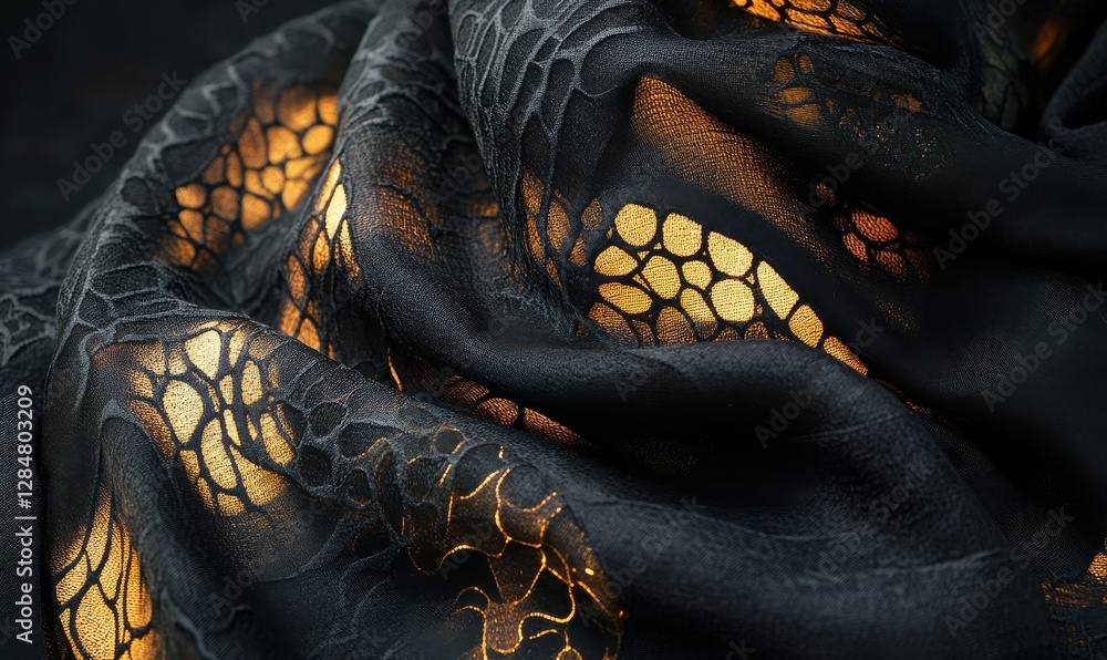 Poster luxurious black fabric with intricate textures illuminated by soft light, creating an elegant and mo