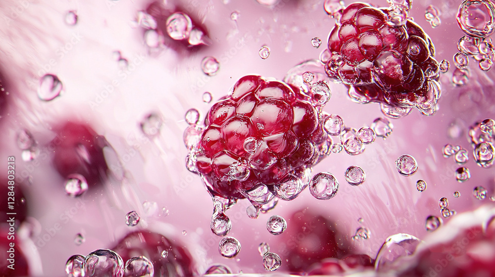 Poster a close-up of several droplets of water on a pink surface, featuring a prominent red object at its c