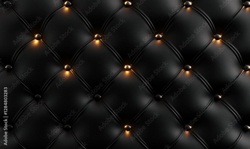 Poster luxurious black leather texture with quilted patterns illuminated by glowing light, creating a bold 