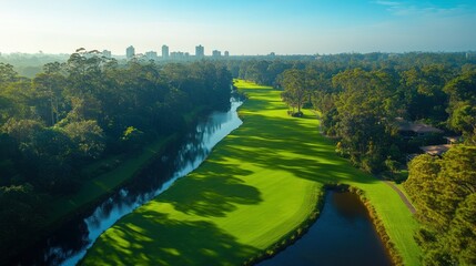 Naklejka premium Aerial view of a golf course with a river, city skyline in the background, tranquil morning light