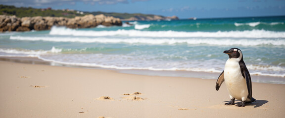 Fototapeta premium Penguin standing on sandy beach with waves crashing nearby conveying a sense of tranquility and freedom in a bright, sunny environment