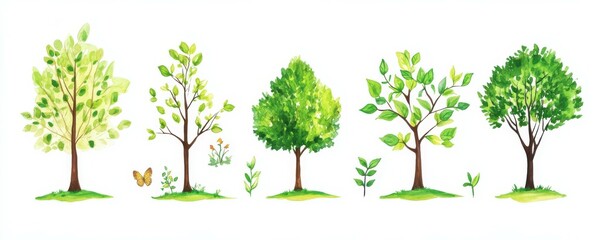 Watercolor trees and plants with butterfly on white background