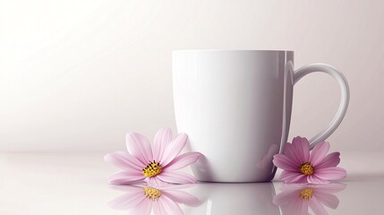 White Mug with Delicate Pink Cosmos Flowers on a Reflective Surface