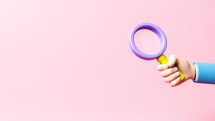 cartoon hand holds a purple magnifying glass against a pink background