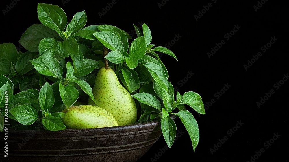 Poster sharp image of a fruit bowl with leaves scattered on top and a pear resting at the base