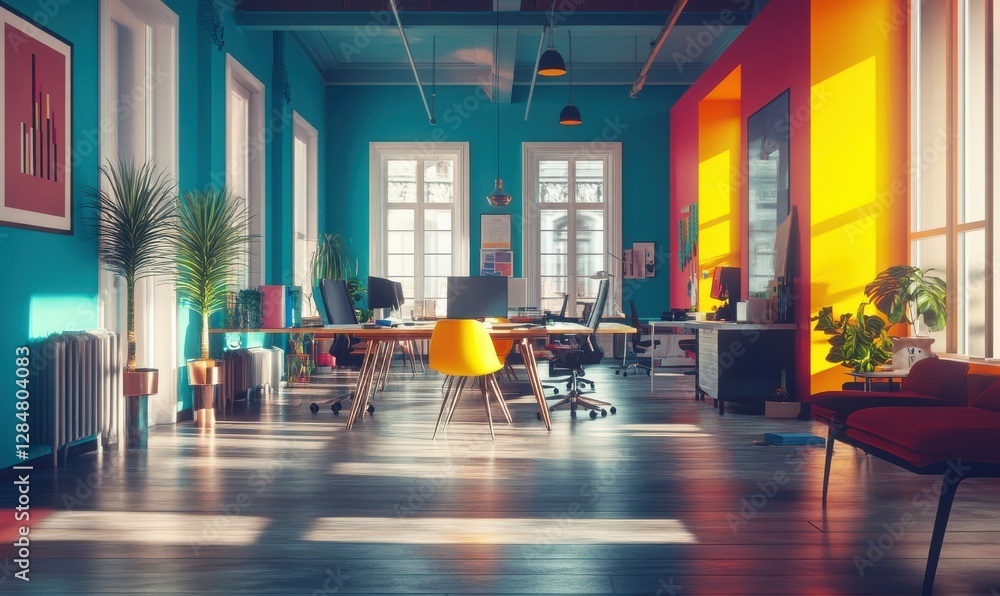 Aufkleber dynamic startup office with a vibrant color scheme, innovative projects in progress, and energetic t