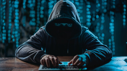 Mysterious hacker anonymous figure in hooded sweatshirt typing on keyboard against blue matrix background, representing cyber crime and digital threats in contemporary hacking scenario