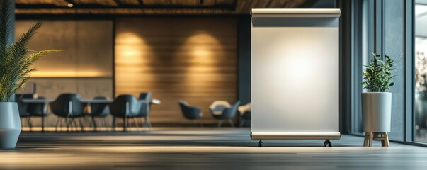 Modern conference room with blank roll-up banner in office setting