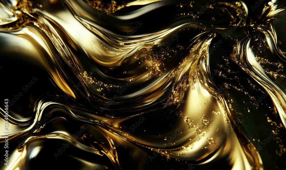 Poster luxurious composition of shimmering golden particles swirling dynamically against a sleek black back