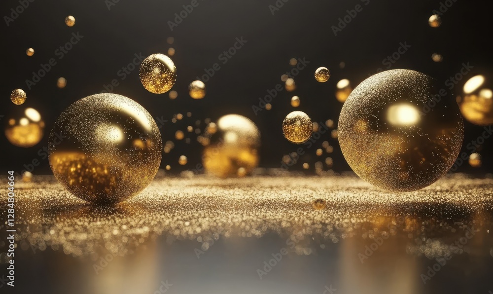 Poster dynamic composition of shimmering golden particles floating against a dark background, creating a lu