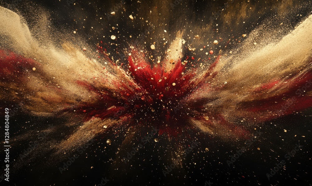 Poster dynamic explosion of shimmering red and gold light particles bursting outward on a dark background, 
