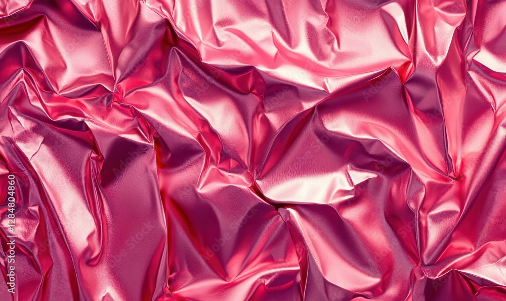 Poster dynamic flat-lay of crushed pink metallic foil, illuminated by soft diffused light, creating a vibra