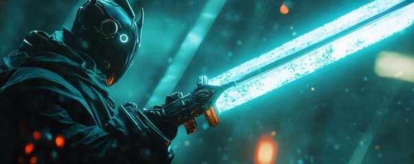 Futuristic warrior holding glowing sword in dark sci-fi environment