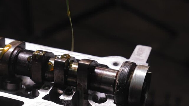 Vehicle maintenance with careful filling of gold-coloured engine oil into aluminium block head in camshaft bed and cylinder compensators during professional vehicle maintenance in specialist workshop