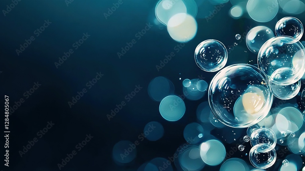 Poster soap bubbles float in clear sky against dark backdrop; blurry bubble image